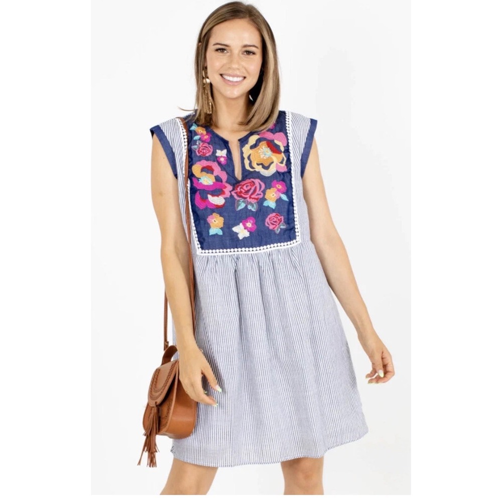 Savanna‎ Jane Womens Striped Floral Embroidered Boho Shift Dress Blue Small